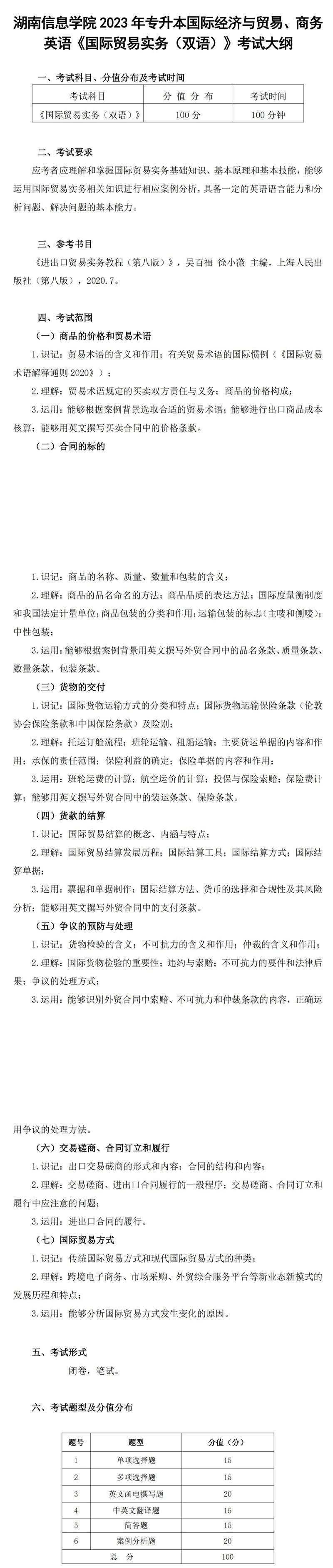 2023年湖南信息學院專升本國際經(jīng)濟與貿(mào)易專業(yè)《國際貿(mào)易實務（雙語）》考試大綱(圖1)
