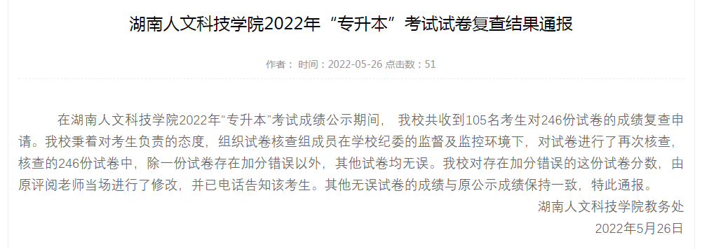 2022年湖南人文科技學院專升本考試試卷復查結(jié)果通報