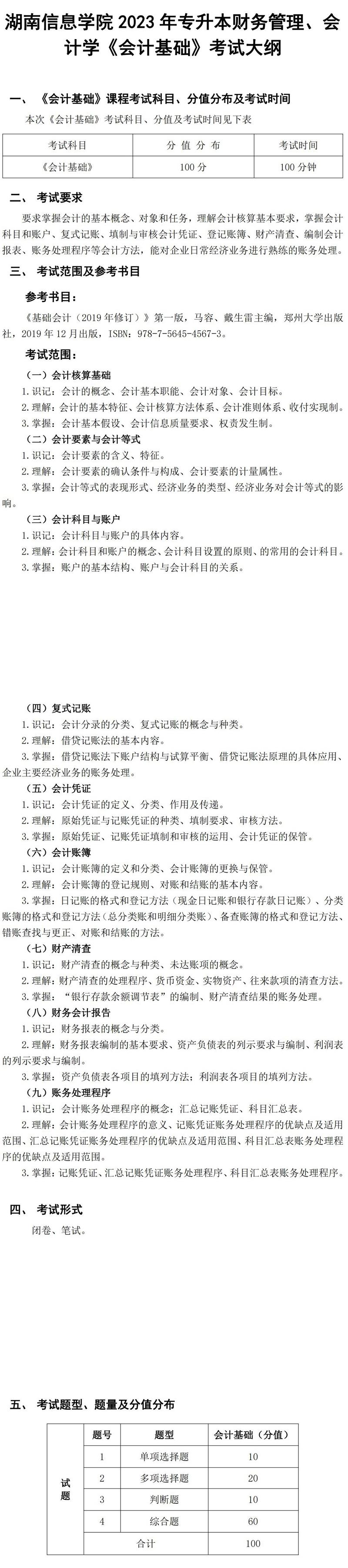 2023年湖南信息學院專升本財務管理專業(yè)《會計基礎》考試大綱(圖1)